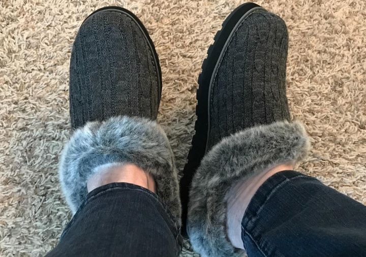 Wearing out the Skechers BOBS slipper in a charcoal color