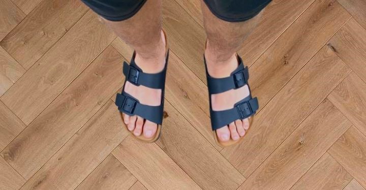 Wearing Birkenstock Arizona Soft Sandals in black suede color