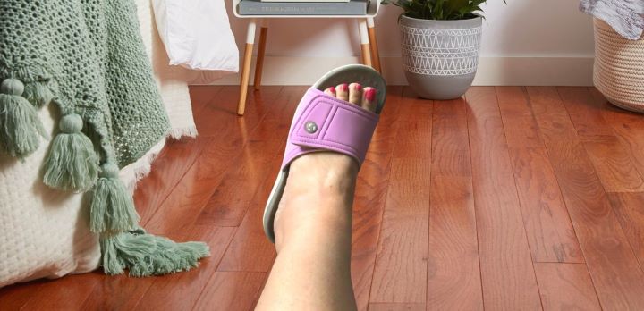 Testing Vionic Tide Kiwi Slide Walking Sandals in an orchid purple color